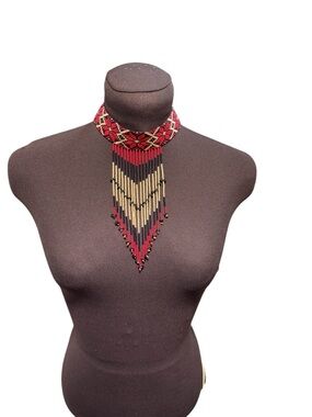 Handmade Beaded Fringe Choker Necklace Red Black Gold Boho Statement Collar